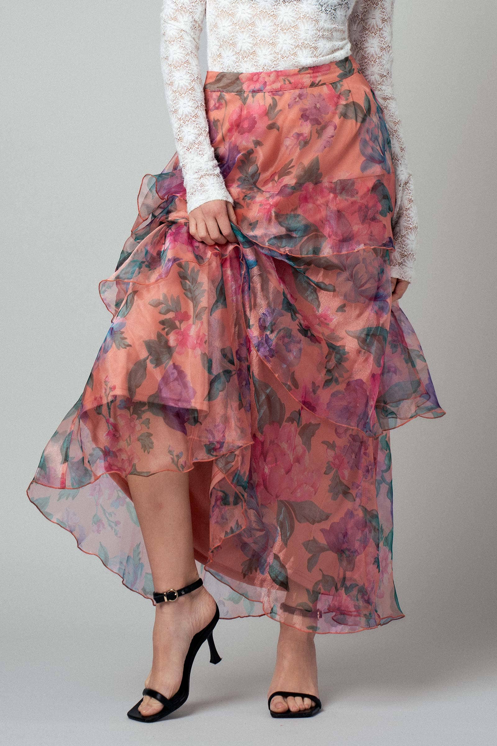 PEACH MULTI Sheer Floral Print Tiered Organza Maxi Skirt for wholesale on Faire