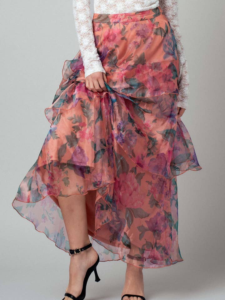 PEACH MULTI Sheer Floral Print Tiered Organza Maxi Skirt for wholesale on Faire0