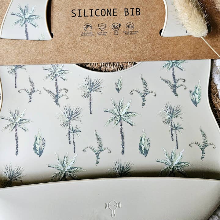 Rammelaartje - Wholesale Bib - Baby - Silicone bib with tray Beige - Jungle Plant Print3