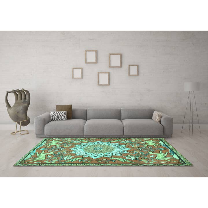 Traditionelle Teppiche mit Tiermotiven, maschinenwaschbar, Türkis für den Großhandel von Ahgly