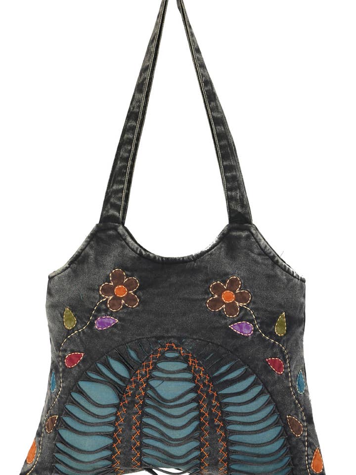 Black Hobo Shoulder Handbag with Floral and Razor Cut Design for wholesale by Earth Divas