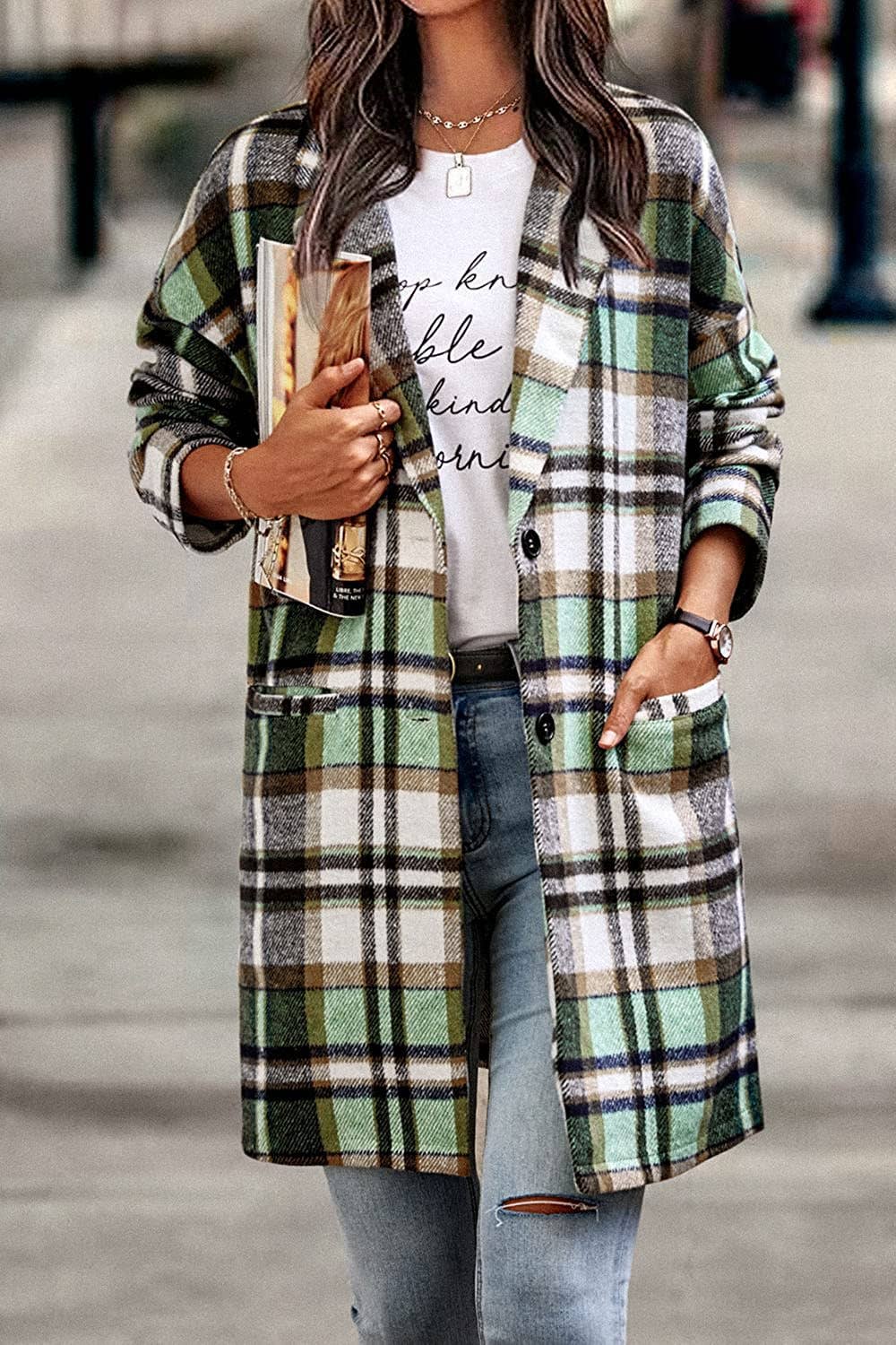 Rosa Clothing - Wholesale Shirt Jacket/Shacket - Women's - Long single-breasted lapel plaid tweed shacket1