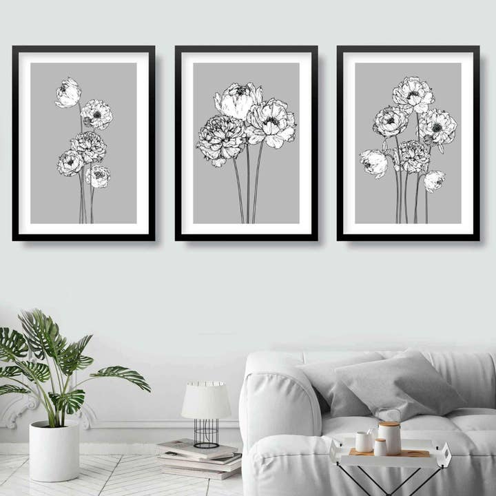 PEONIES Set of 3 Flower Sketch Wall Art Prints for wholesale by Artze Wall Art