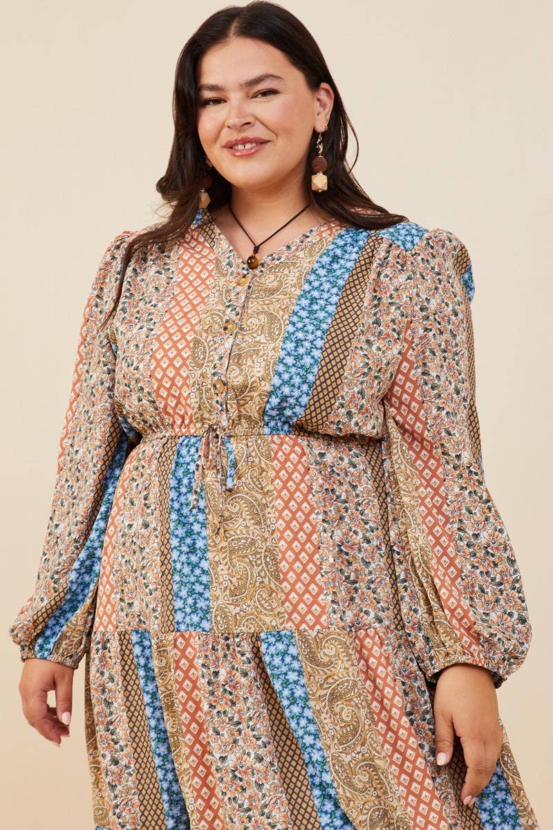 Mélange marron Robe à étages avec détails de boutons et imprimé pour femmes en vente sur Faire7