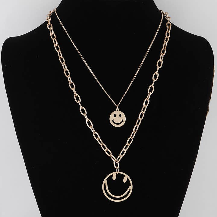 Double Layered Smile Face Pendant Necklace for wholesale by 3AM BY H&D ACCESSORIES