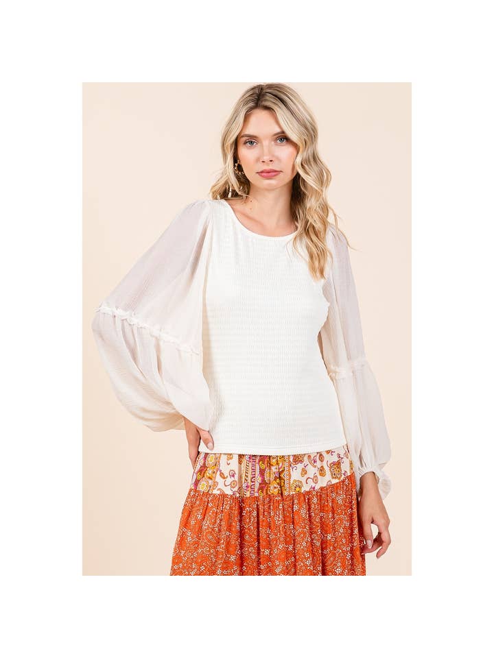 mittoshop - Wholesale Knit Top - Women's - MIXED MEDIA TEXTURED KNIT CHIFFON LONG SLEEVE TOP1
