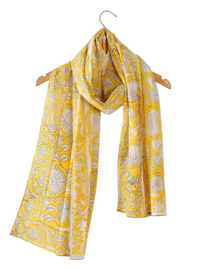 Women's Hand Block Printed Cotton Long Stole Scarves Yellow for wholesale by NEOSTITCH LLC
