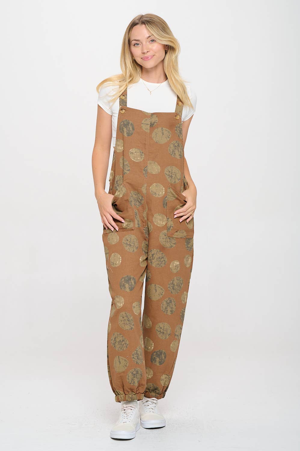 SM WARDROBE - Wholesale Overalls - Women's - MOON PRINT COTTON OVERALL BEIGE3