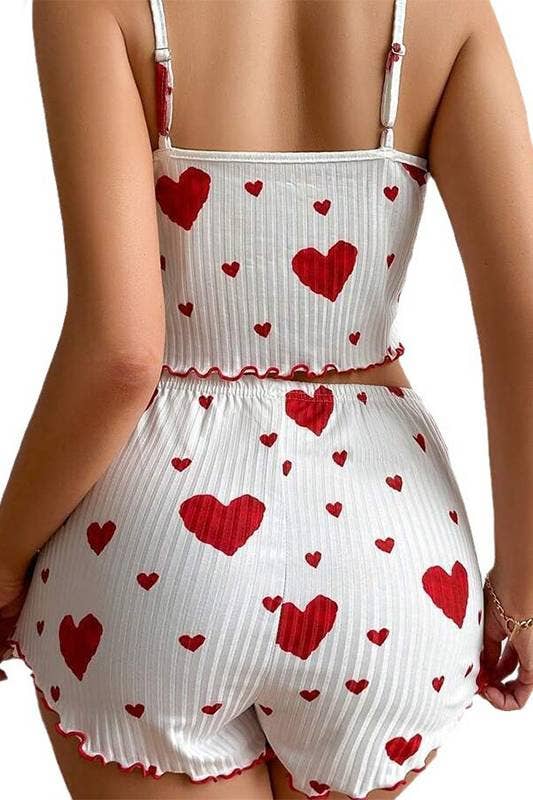 HIDDENBRAND - Wholesale Lounge Set - Women's - Valentines Red Heart Print cami short pajama Lounge Set3
