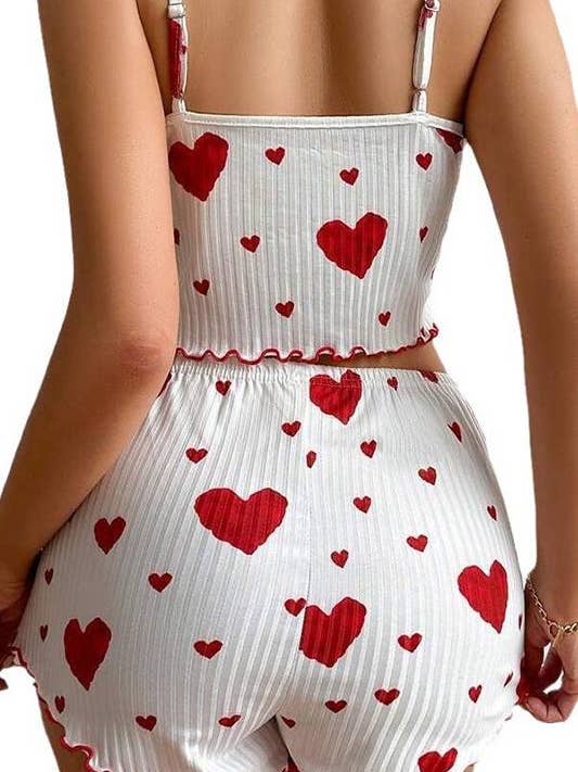 HIDDENBRAND - Wholesale Lounge Set - Women's - Valentines Red Heart Print cami short pajama Lounge Set3