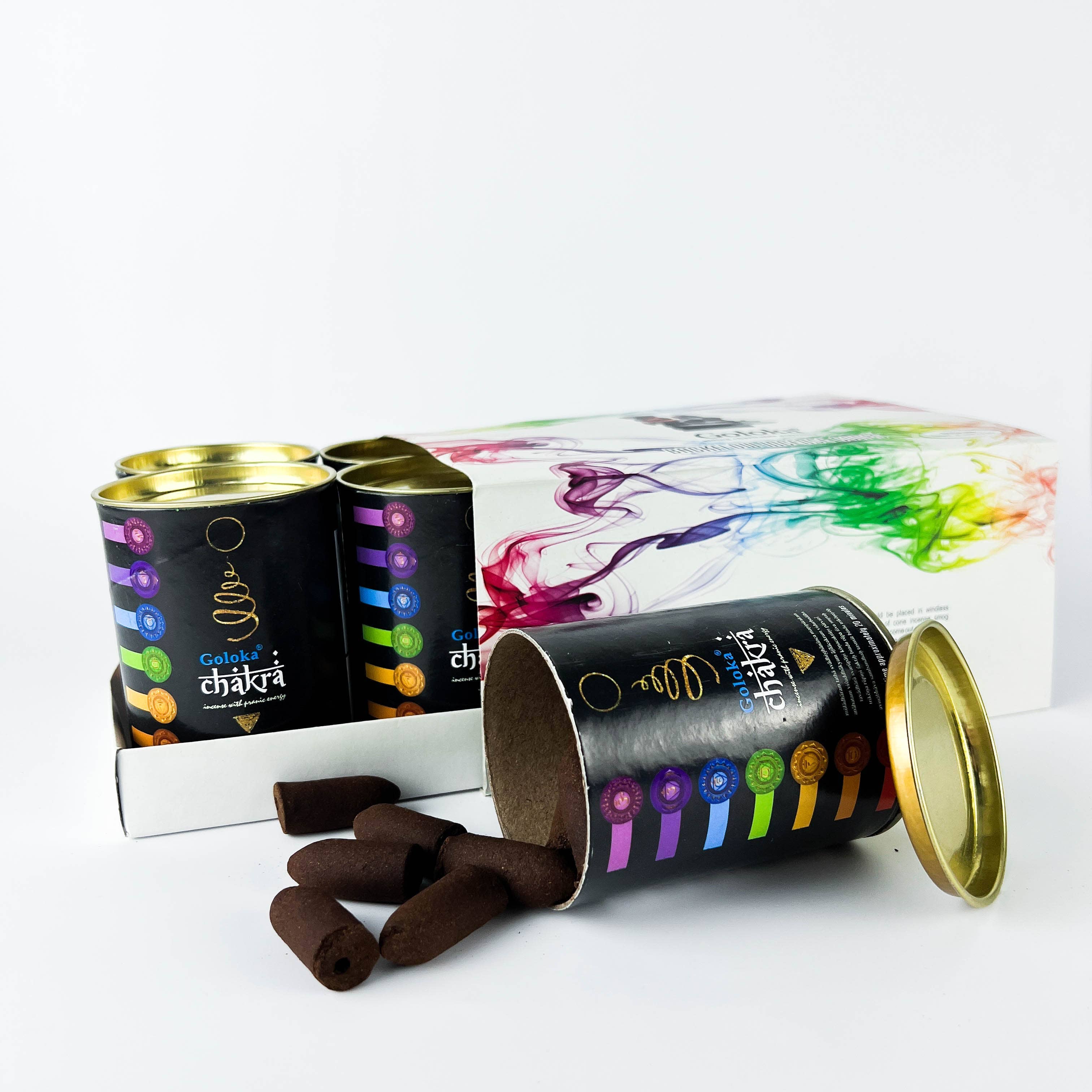 GREENROOTS USA LLC - Vendita all'ingrosso Incensi - Coni di incenso Goloka Chakra Backflow, confezione da 24 coni, confezione da 64