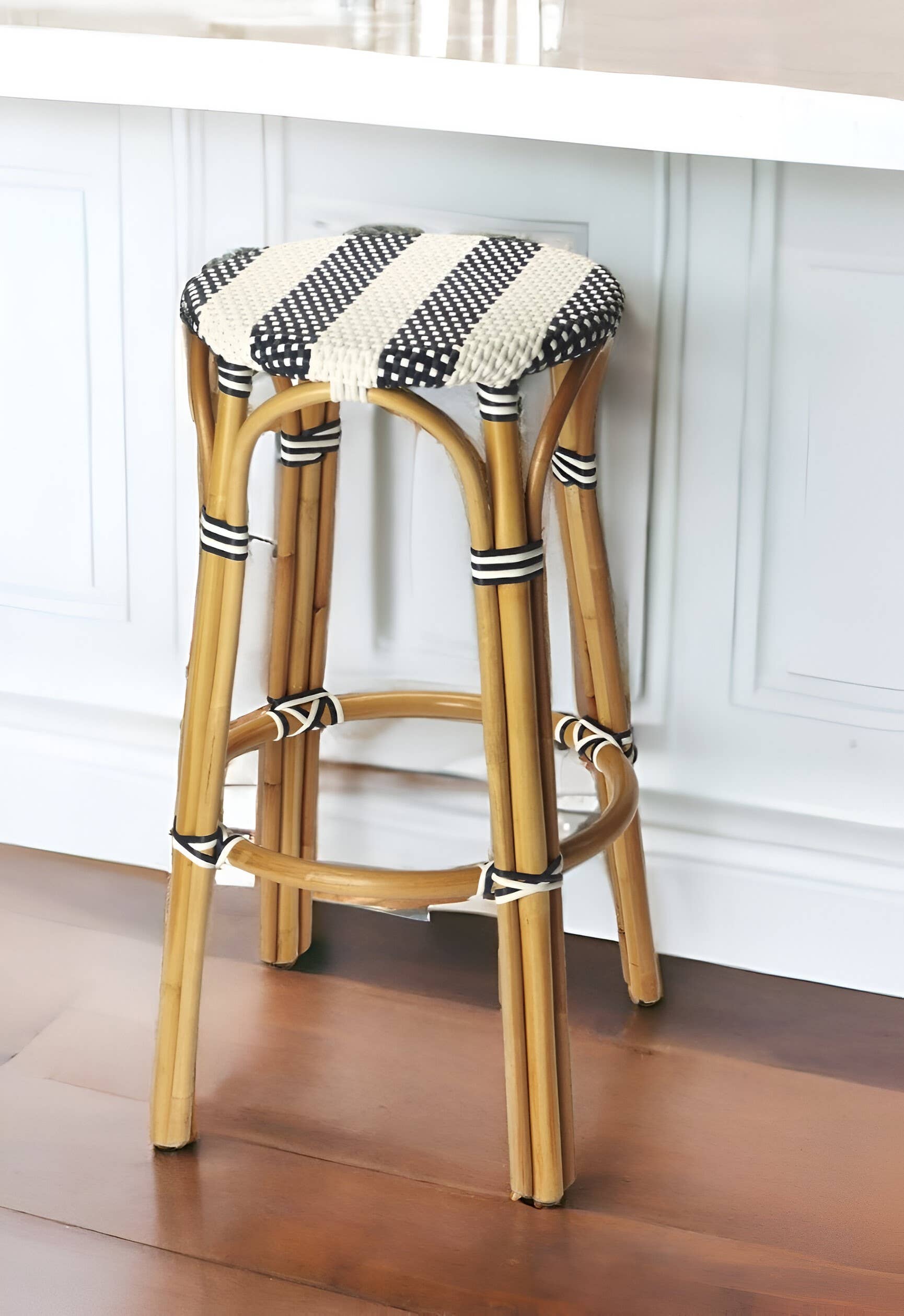 HomeRoots – wholesale Stool – 30" Blue White And Natural Rattan Backless Height Bar Chair1