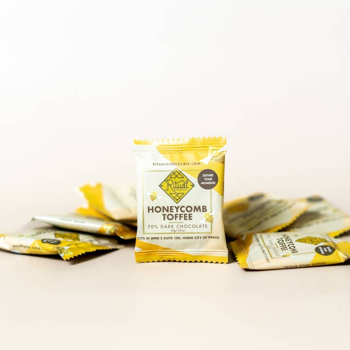 Ritual Chocolate - Wholesale Chocolate Bar - 10g Honeycomb Taster, Toffee Topped Dark Chocolate 70% Cacao