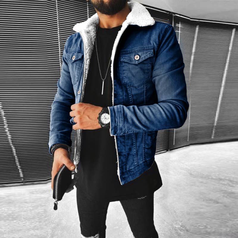 Tourtiwi - Wholesale Denim Jacket - Men's - Men's Lapel Fleece Denim Jacket5