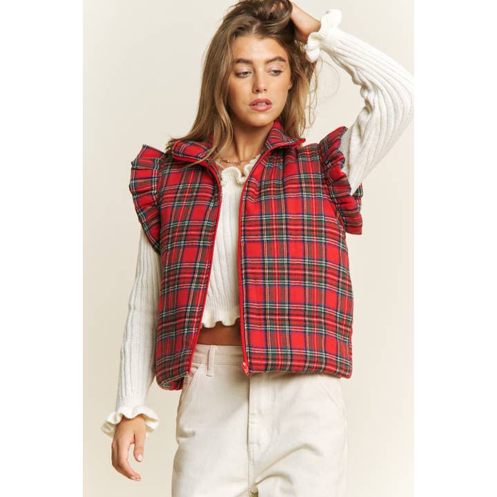 Red EVERYDAY PLAID PUFF ZIP UP VEST JACKET with ARMHOLE RUFFLE D for wholesale on Faire2