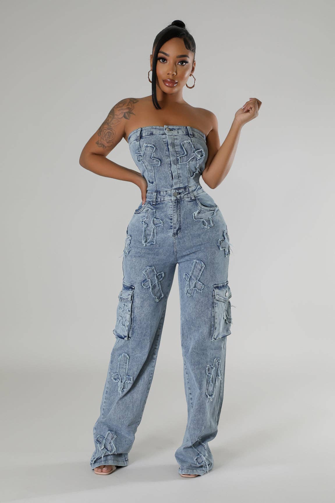 5besties inc - Wholesale Jumpsuit - Women's - CROSS PATCH DETAIL DENIM JUMPSUITS0