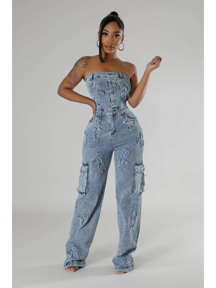 5besties inc - Wholesale Jumpsuit - Women's - CROSS PATCH DETAIL DENIM JUMPSUITS
