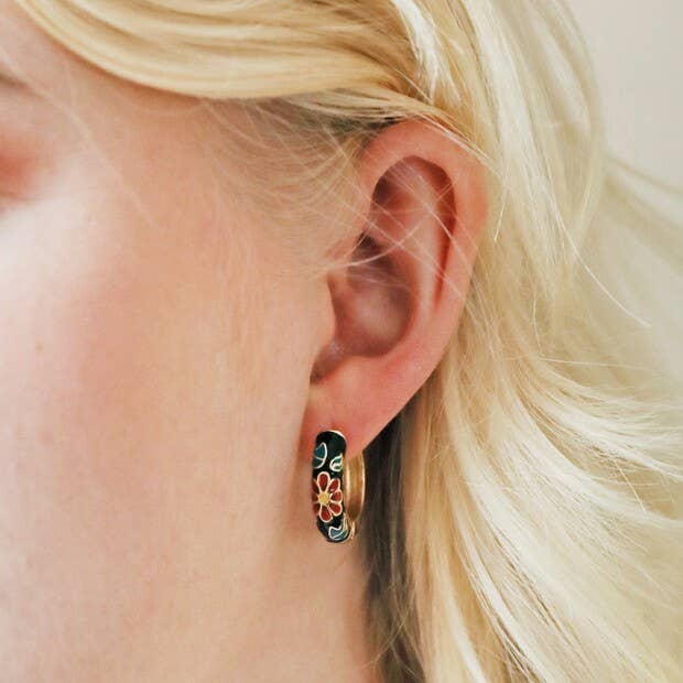 Lisa Angel - Wholesale Hoop Earrings - Black Cloisonné Hoop Earrings in Gold3