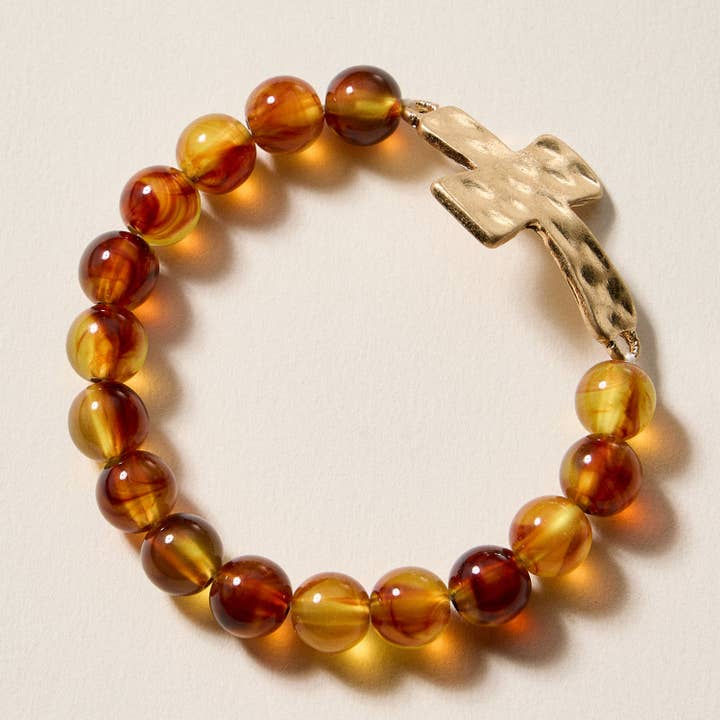 Natural Stone Beaded Bracelet with Hammered Cross Charm – Stretch Faith Bracelet for wholesale by Frem