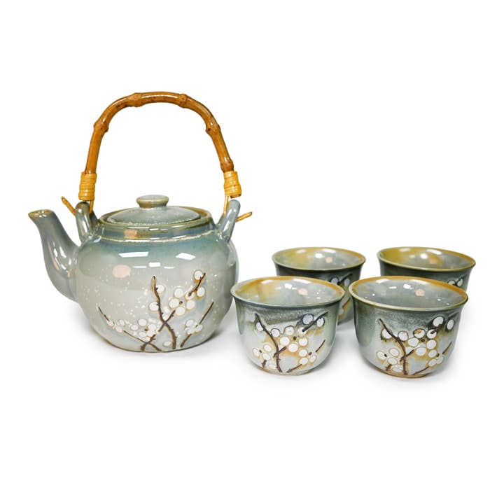 TEA SET – WHITE PLUM BLOSSOMS ON GREY for wholesale by Fuji Merchandise Corporation