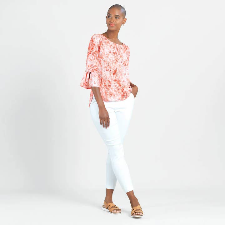 CORAL WHITE T16P10 - Light Knit - Tie Cuff Top - Palm Branch-Coral for wholesale on Faire