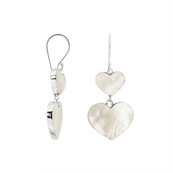 Bali Designs - Wholesale Dangle Earrings - AE-1170-MOP Sterling Silver Mother Of Pearl Double Heart Long Drop Statement Earrings1