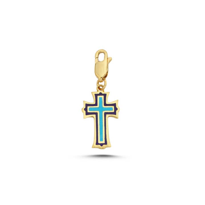BLUE ENAMEL CROSS CHARM for wholesale by Sestra Jewelry