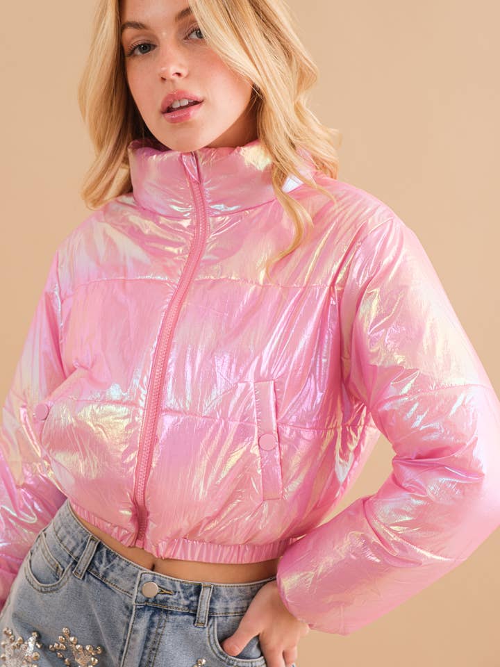 Blue B – wholesale Windbreaker – Women’s – 61220J - Windbreaker Metallic Puffer Crop Zip Up Jacket