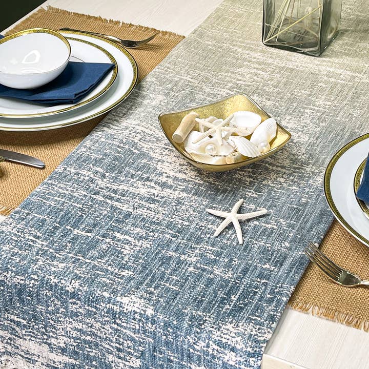 SUNSET TABLE RUNNER, COTTON, BLUE-GREY-BEIGE, 14''x72'' for wholesale by chardin home