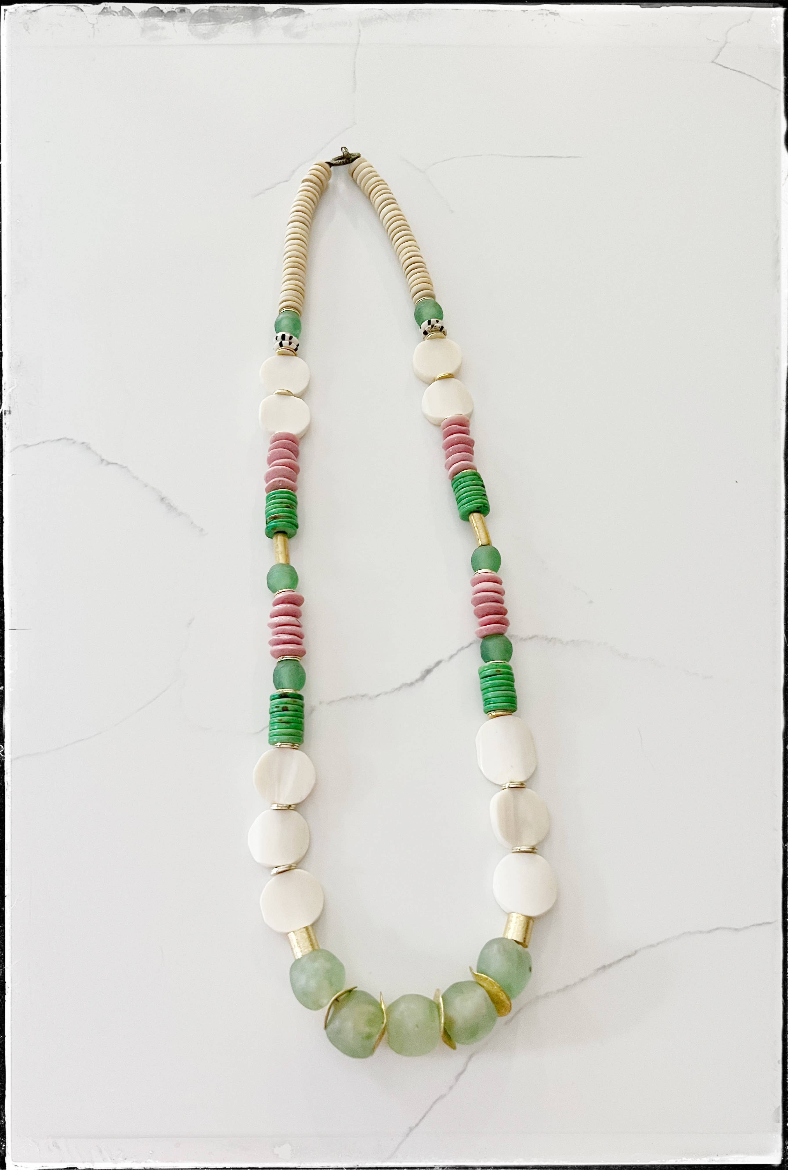 GentrybyJenna - Wholesale Beaded/Pearl Necklace - Bone, Glass & Coconut Wood Bead Necklace- Green Colorblock0