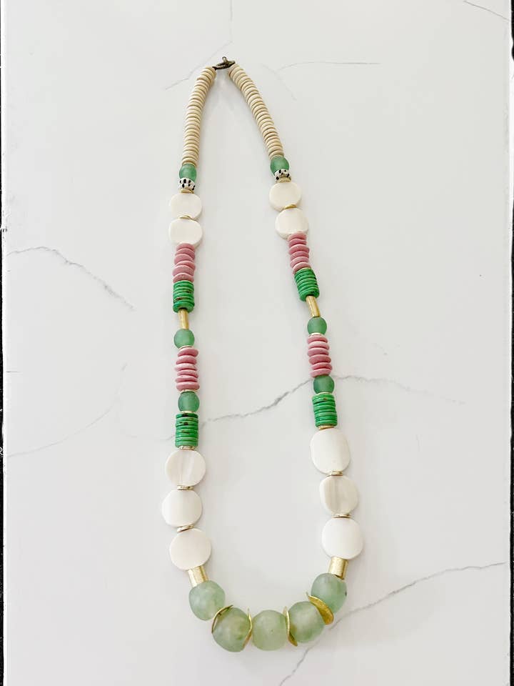 Bone, Glass & Coconut Wood Bead Necklace- Green Colorblock for wholesale by GentrybyJenna