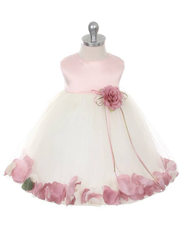 *SALE* Dusty Rose Top Satin Flower Petal Baby Dress for wholesale on Faire