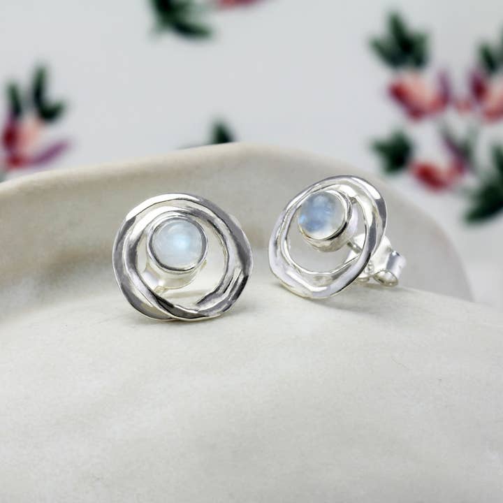Handmade Sterling Silver Rainbow Moonstone Stud Earrings for wholesale by Banyan Jewellery