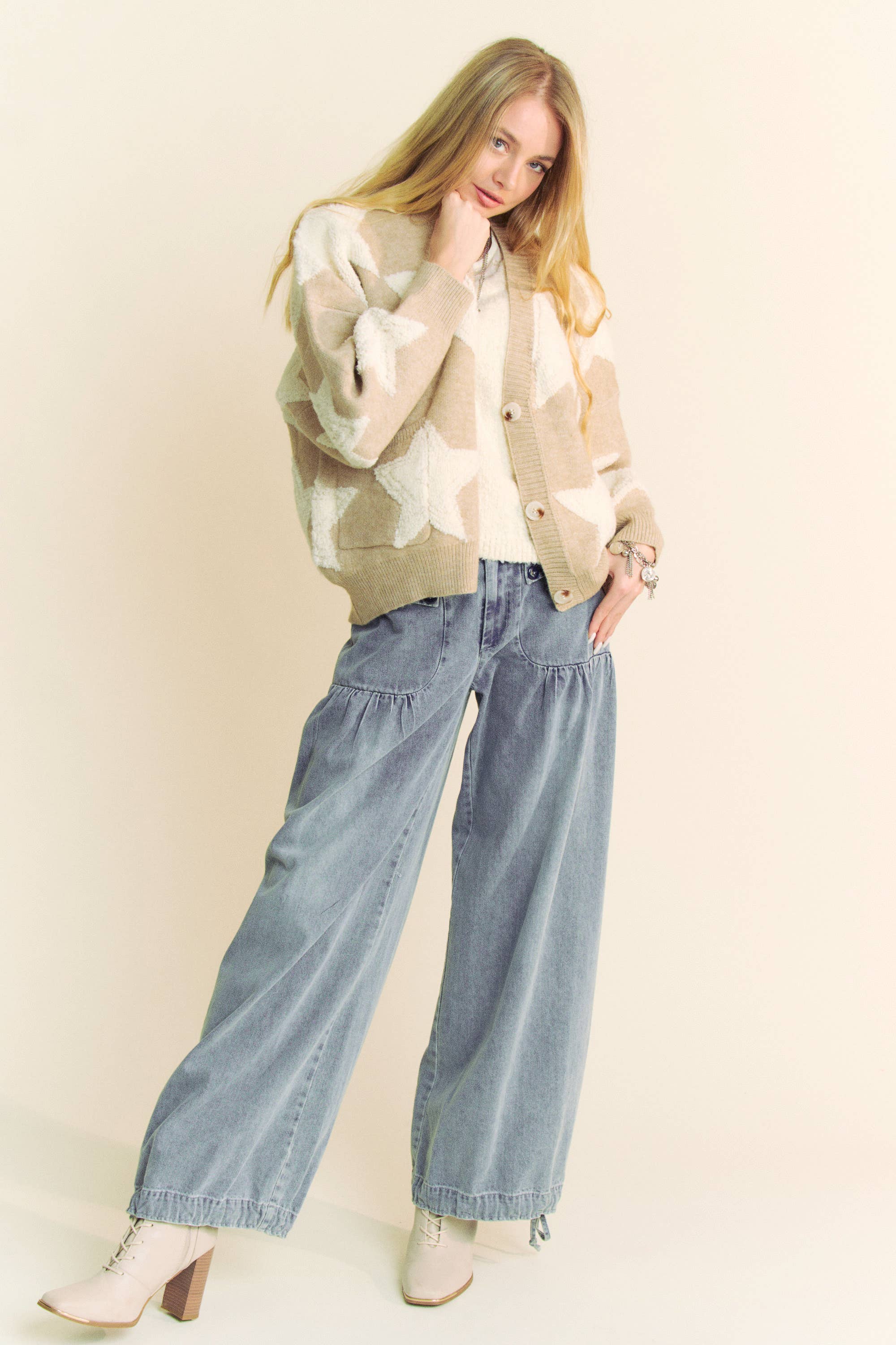 Davi & Dani - Wholesale Cardigan - Women's - FUZZY KNIT STAR LOOSE FIT BUTTON DOWN CARDIGAN14