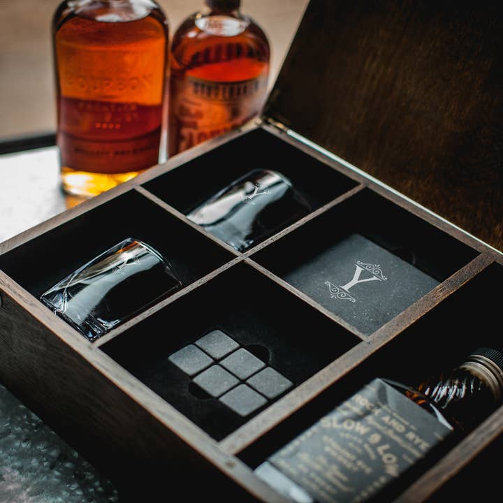 Oak Wood Whiskey Box Gift Set - Monogram for wholesale on Faire70