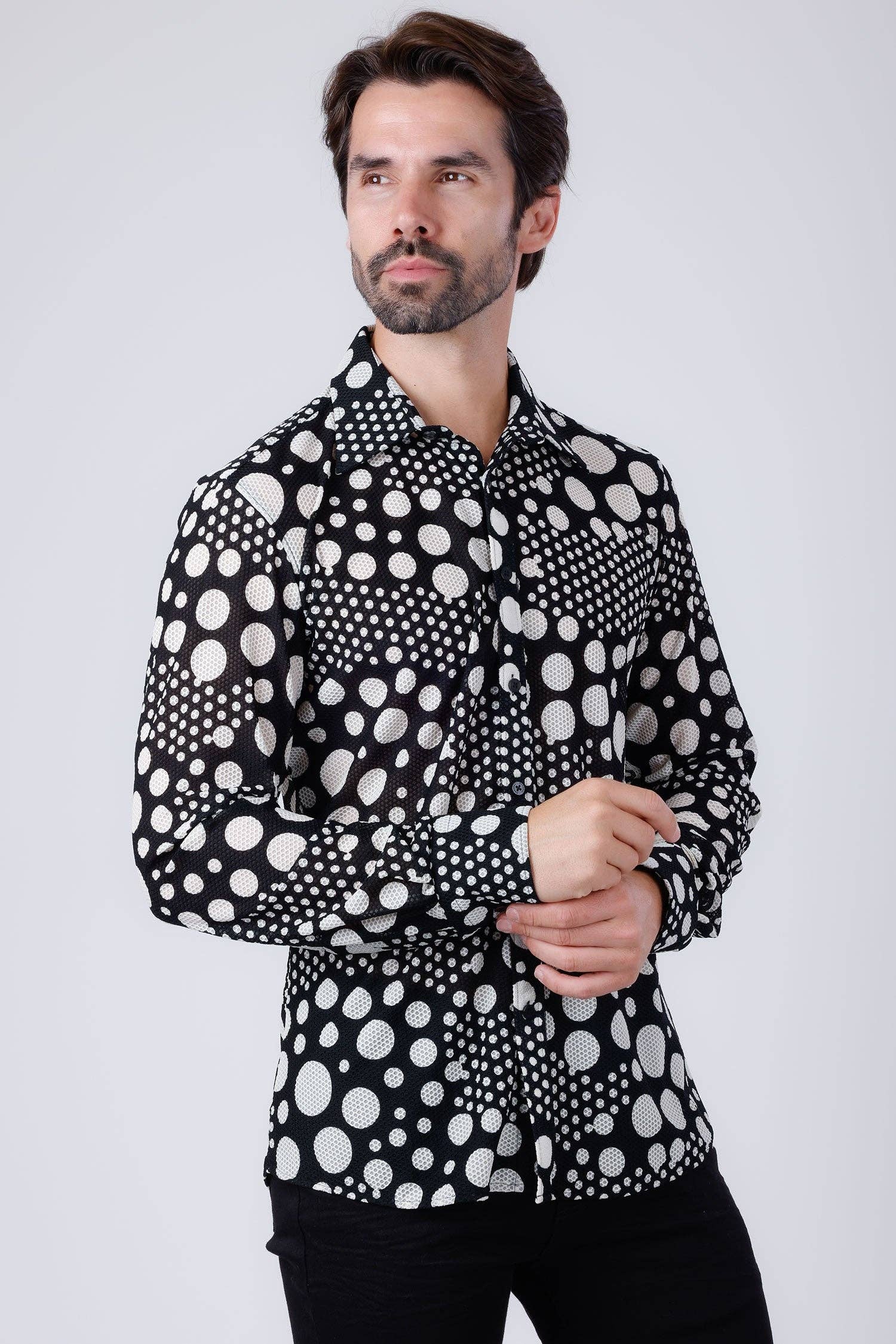 Black White Men's Polka Dots See Through Long Sleeve Shirt 4B92 for wholesale on Faire0