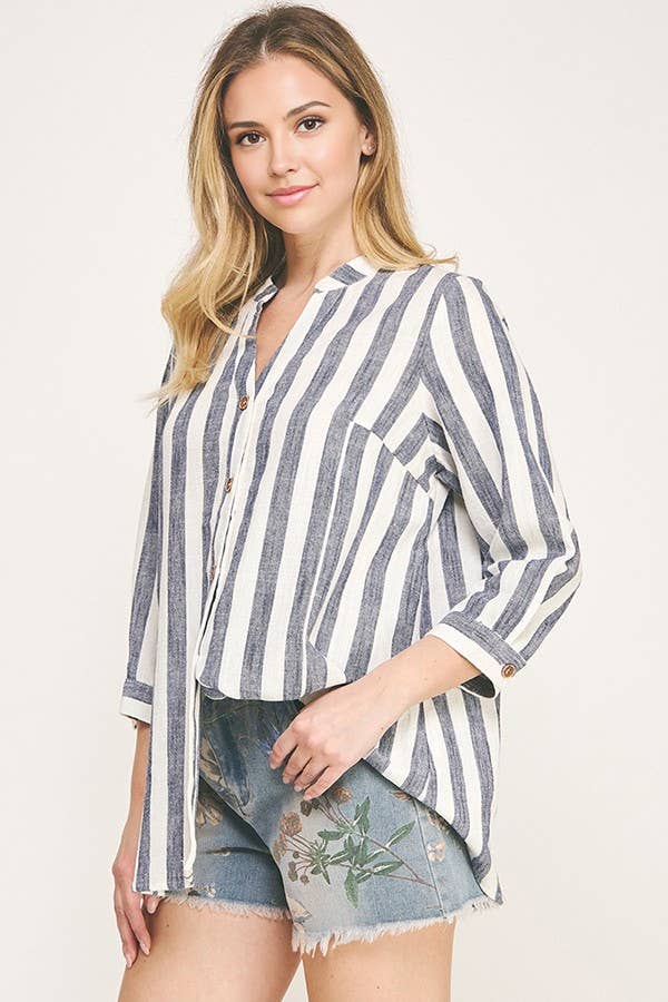 OFF WHITE NAVY T8076L16/THREE QUARTER SLEEVE YARN DYE LINEN SHIRTS  for wholesale on Faire2