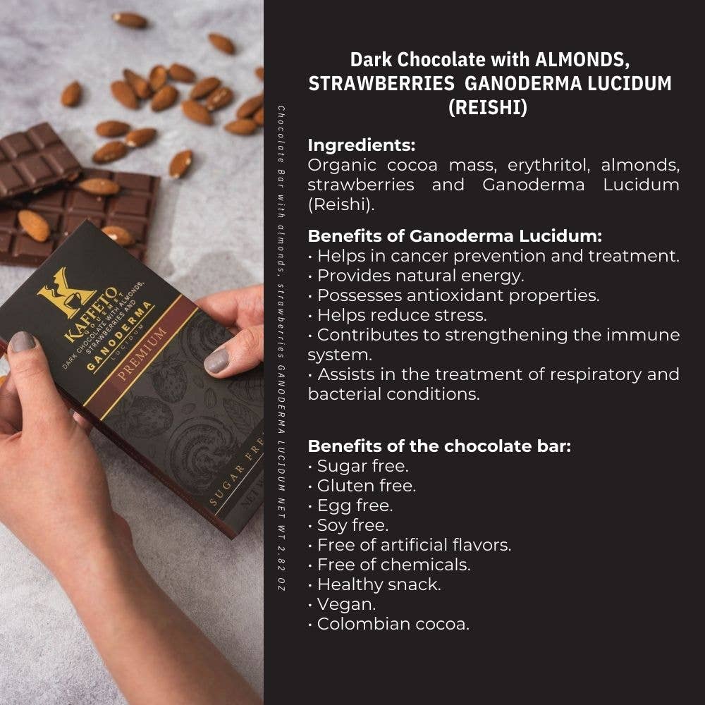 Kaffeto Gourmet USA - Wholesale Chocolate Bar - dark chocolate bar with almond, strawberries and ganoderma1