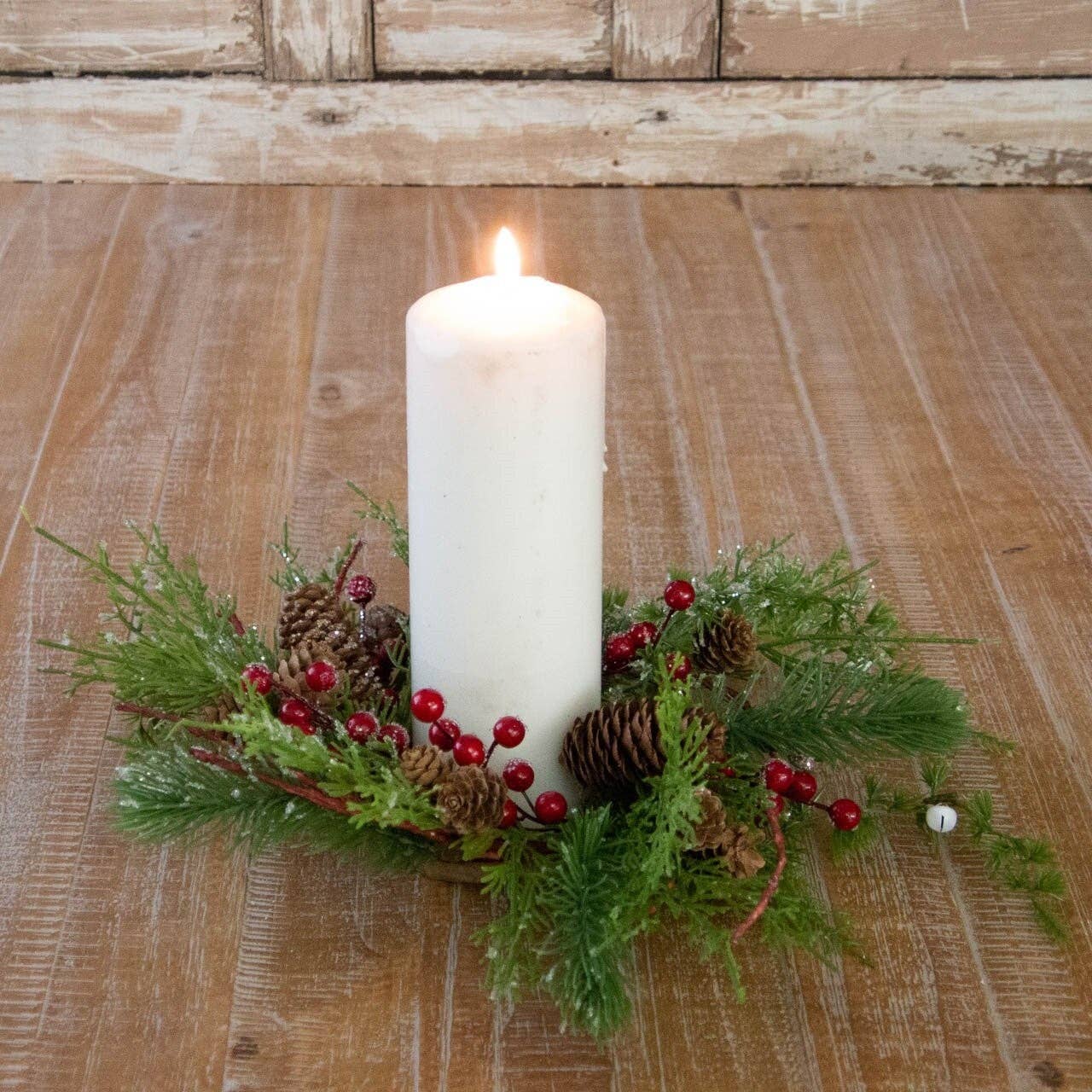 Audrey's Home & Gift - Wholesale Wreath - Candle Ring - Iced Evergreens, Red Berries, Cones (PC)1