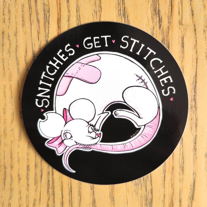 Snitches Get Stitches 10 cm round vinyl stickers for wholesale by Zubieta Illustration