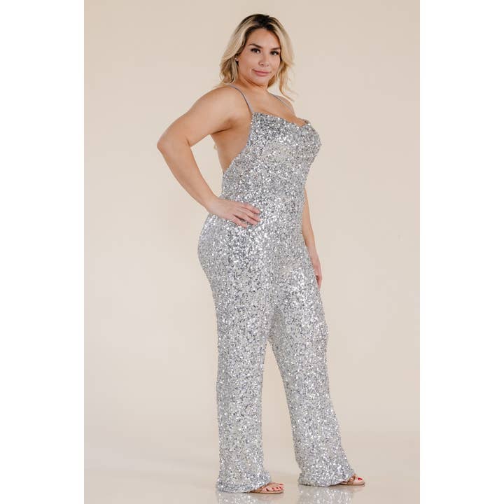 Curve Market - Wholesale Jumpsuit - Women's - PLUS SIZE SEQUIN COWL NECK CRISS CROSS BACK STRAGHT LEG JUMP4