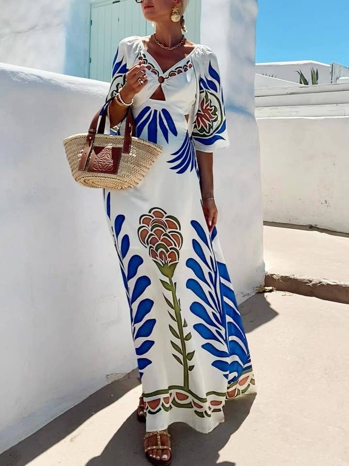 White Ethnic Style Printed Waist-Defining Backless Vacation Dress for wholesale on Faire