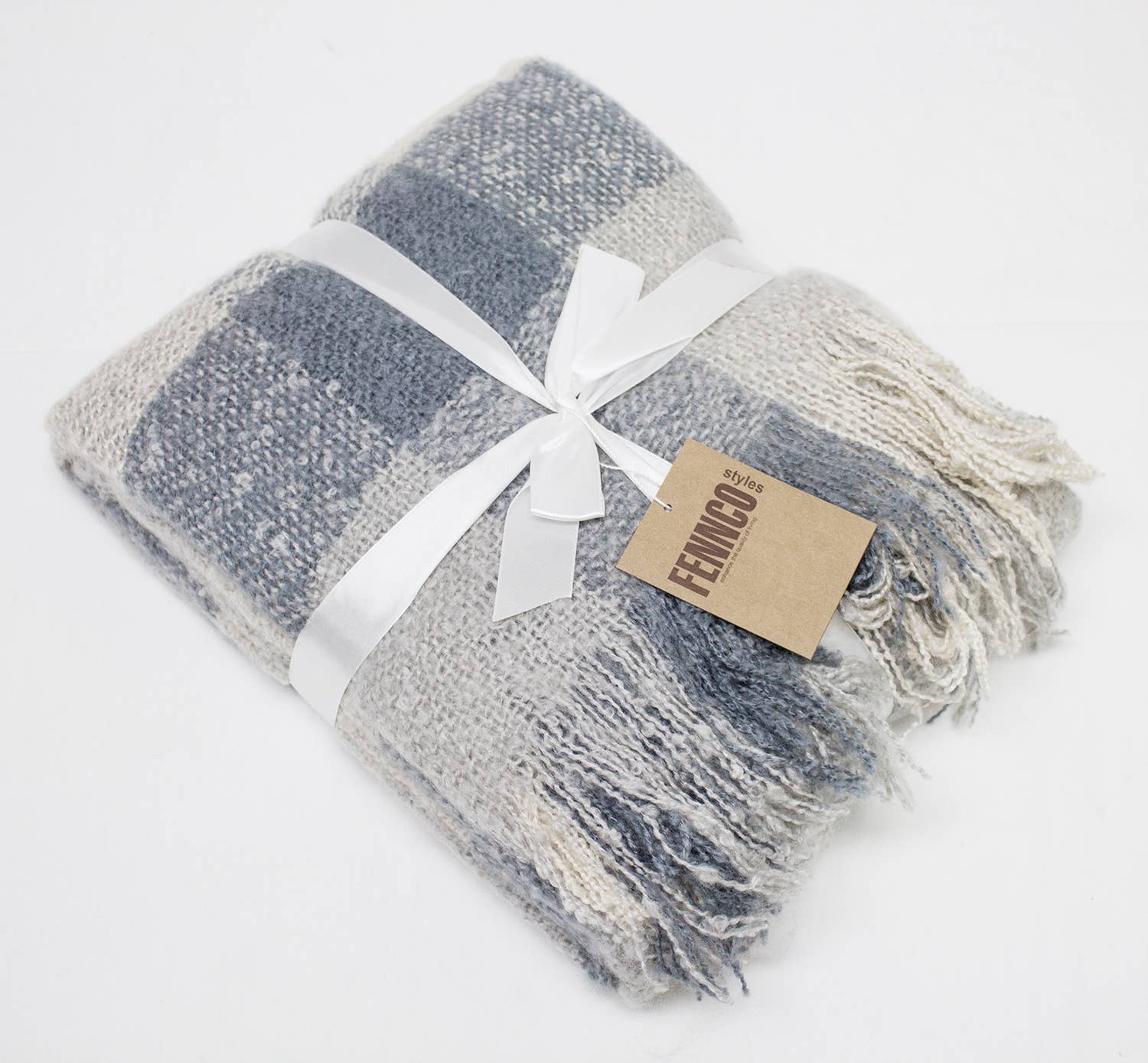 Fennco Styles – wholesale Throw blanket – Blue-Grey-White Faux Mohair Plaid Fringed Throw Blanket3