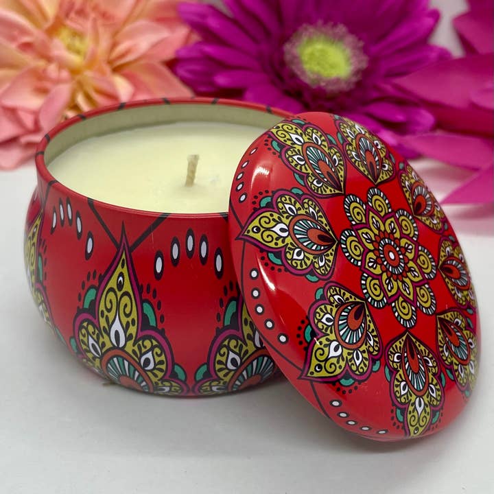 Travel Tin 4.5 oz Soy Candle-Decorative Fun Boho-Red + Gold for wholesale by Jamcat Candles