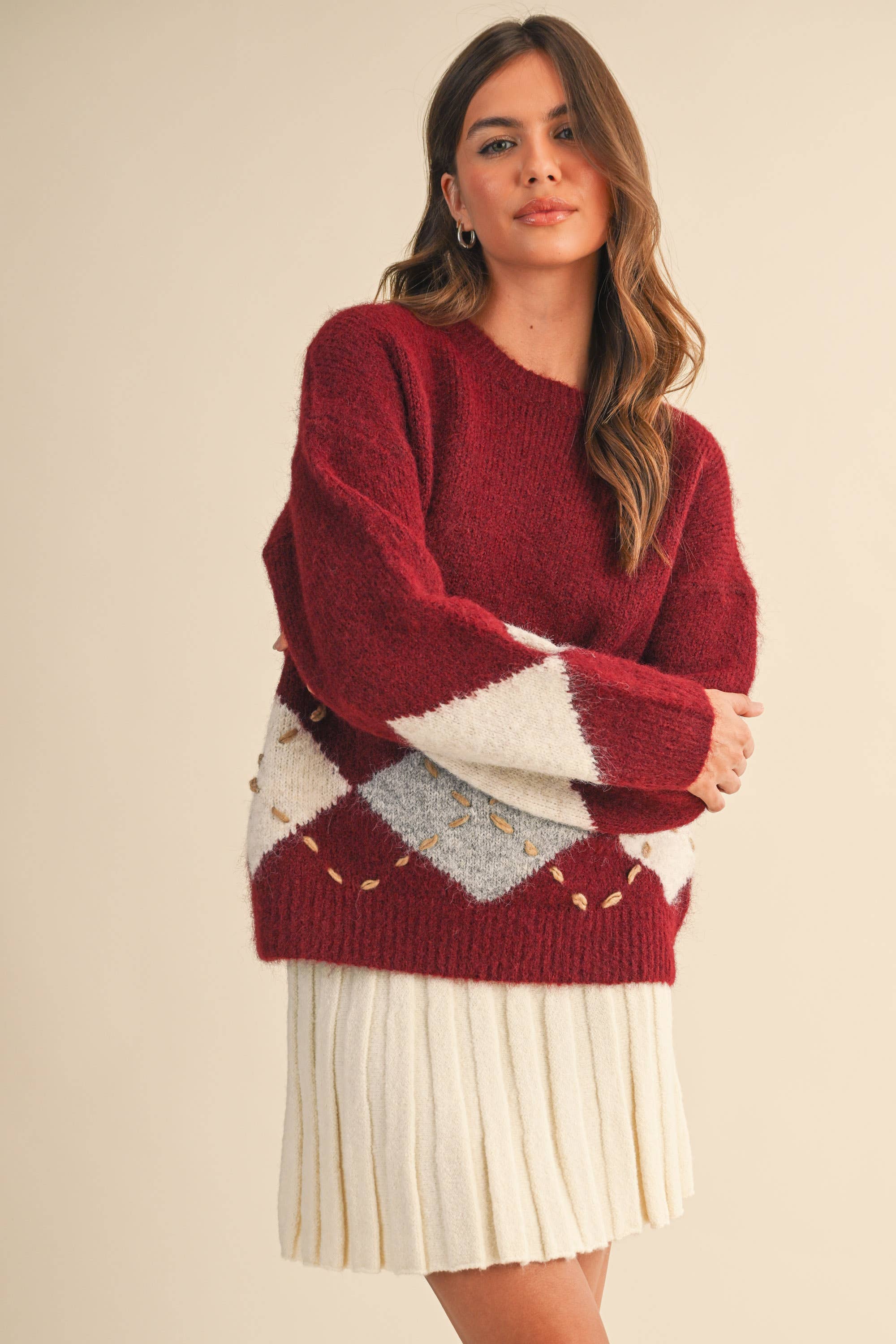 Klesis – wholesale Knitted jumper – Women′s – IT4465 ARGYLE BORDER PRINT SWEATER TOP18