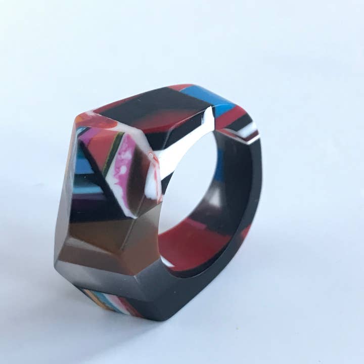 Belart Fair Trade - Wholesale Cocktail/Statement Ring - Poly Resin Bauhaus Mosaic Rings - Faceted
