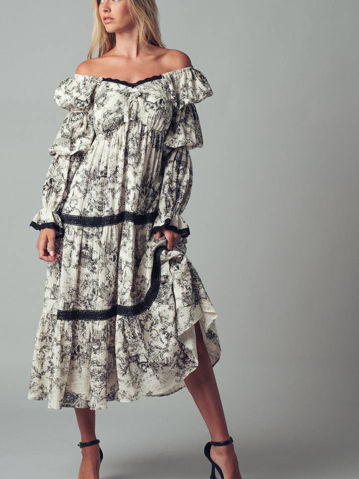 Boho Off-Shoulder Maxi Dress with Puff Sleeves for wholesale by Fashion Week