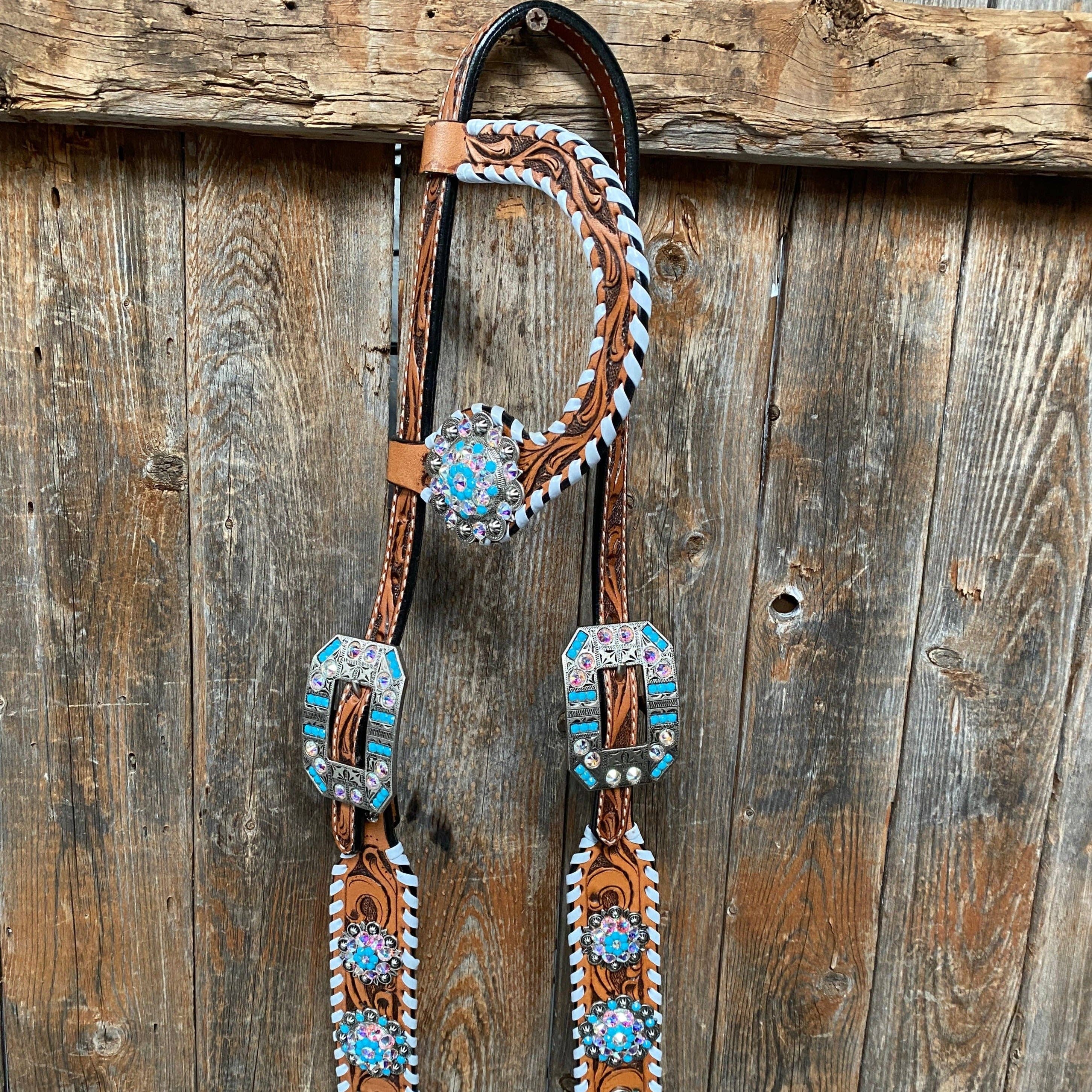 Rodeo Drive - Wholesale Horseback Riding Gear - Whipstitch Turquoise & AB Browband/One Ear Tack Set with Wither Strap  #BBBC4637