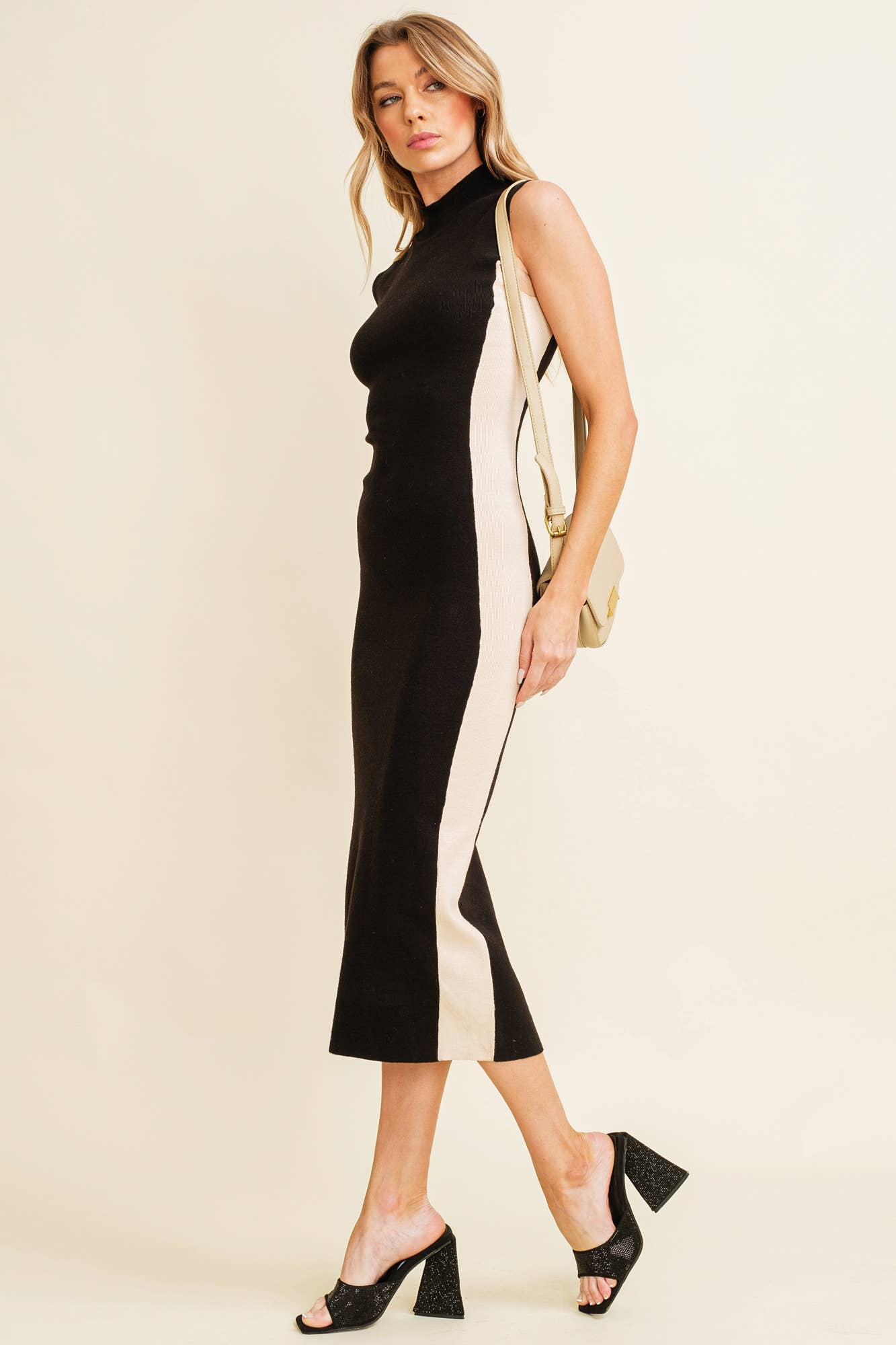 Cloud Ten - Vente Robe – femme - CSW9872B - ROBE MIDI MOULANTE CONTRASTANTE SUR LES CÔTÉS11