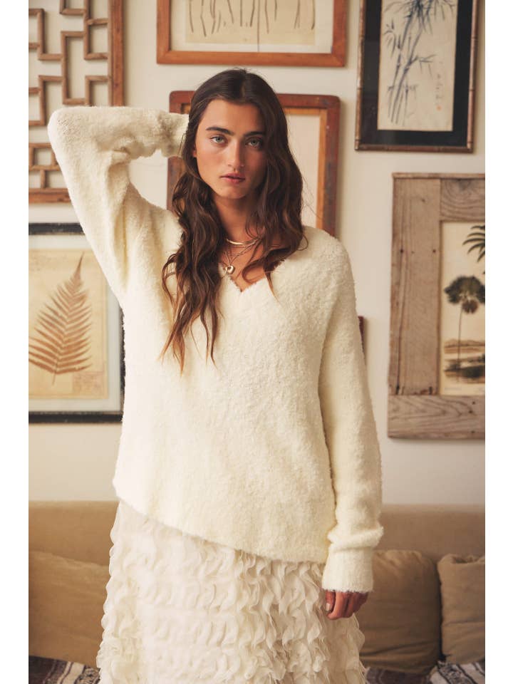 in february - Wholesale Knit Sweater - Women's - RELAXED FIT V-NECK TEDDY BEAR SWEATER